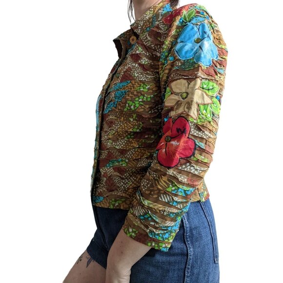 LifeStyle Petite Floral Boho Top Small Brown Blue Red - Picture 10 of 11